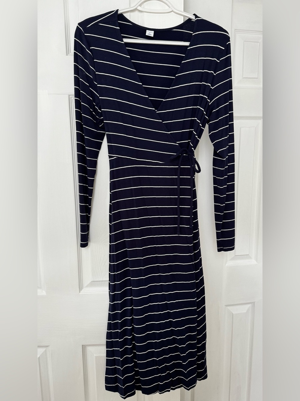 Old Navy Navy and White Striped Wrap Midi Dress